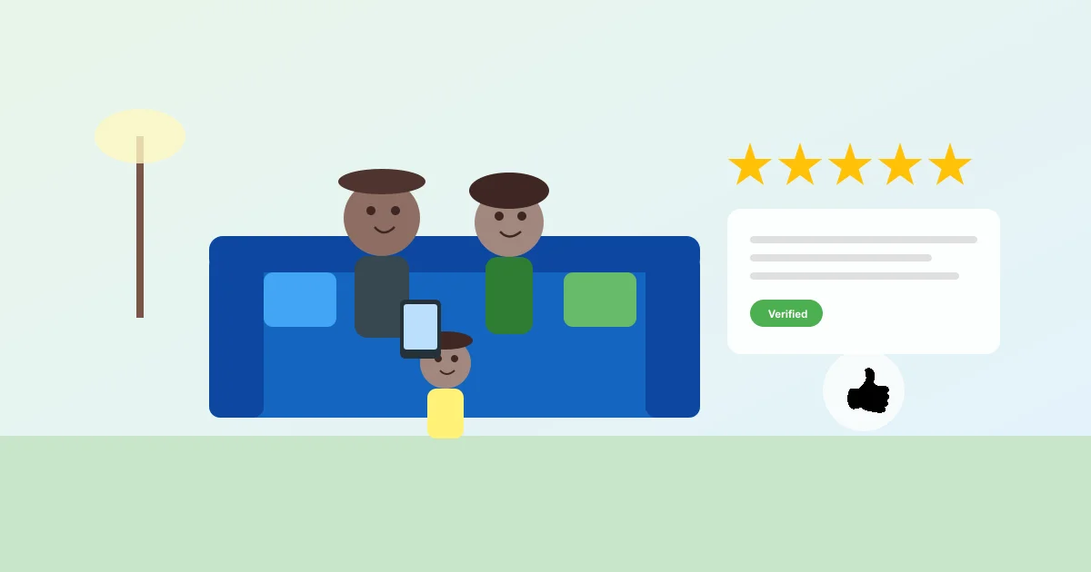 Happy family reading positive Lendly Loan reviews together on their tablet